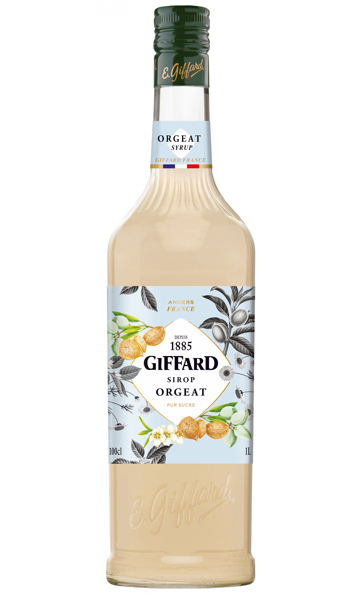 Bottle of Giffard Orgeat syrup on a white background