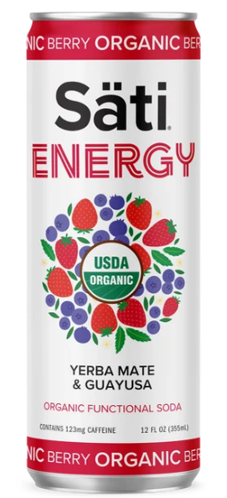 A 12 fl oz can of Säti Energy Organic Functional Soda in Organic Berry flavor. The can features a white background with red accents, a central USDA Organic seal surrounded by illustrations of strawberries, blueberries, and raspberries, and yerba mate and guayusa text printed below.