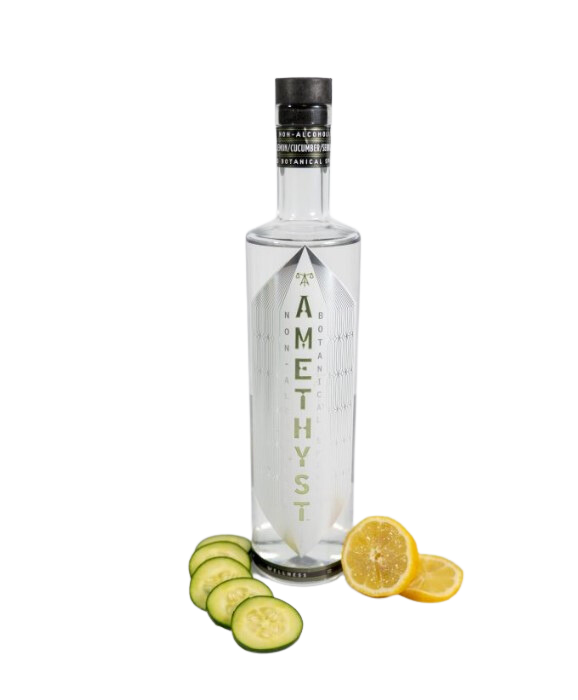 Amethyst bottle with sliced cucumbers and lemons on a white background