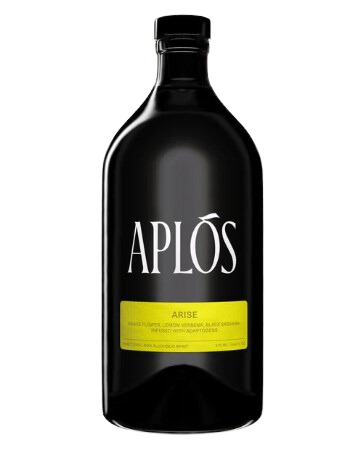 Black bottle of Aplos Arise with a yellow label on a white background
