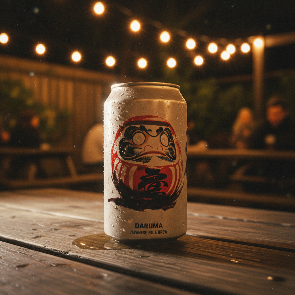 Can of Daruma Japanese rice brew on a wooden table with string lights in the background
