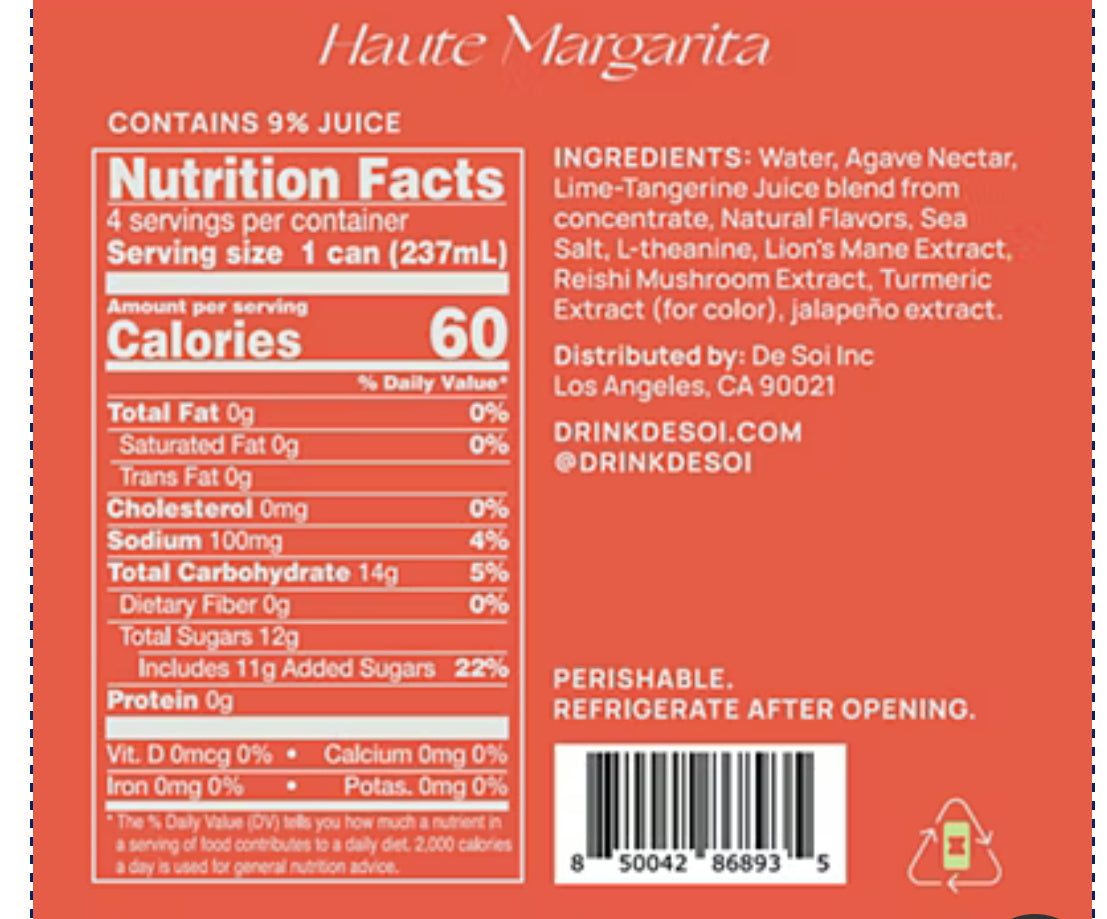 Nutrition facts label and ingredients list for Haute Margarita on a red background