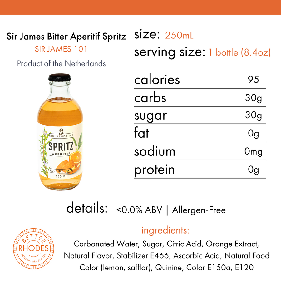 Bottle of Sir James Bitter Aperitif Spritz with nutritional information on a white background