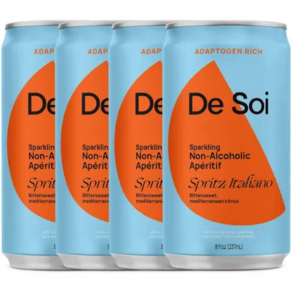 Four cans of De Soi sparkling non-alcoholic apertif on a white background