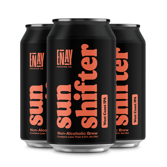 Three black cans of Enay Brewing Co. Sun Shifter Non-Alcoholic Brew on a white background