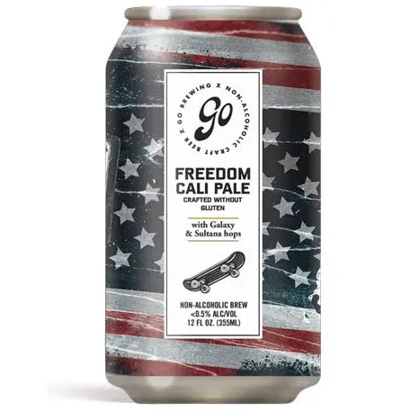 Canned non-alcoholic beer with American flag design on a white background