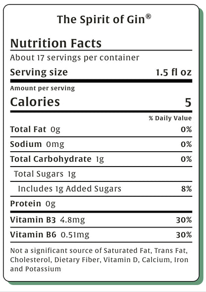 Nutrition facts label for a product called 'The Spirit of Gin' with serving size, calories, and vitamin content.