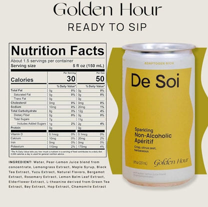 Can of De Soi Golden Hour sparkling non-alcoholic aperitif with nutrition facts label.