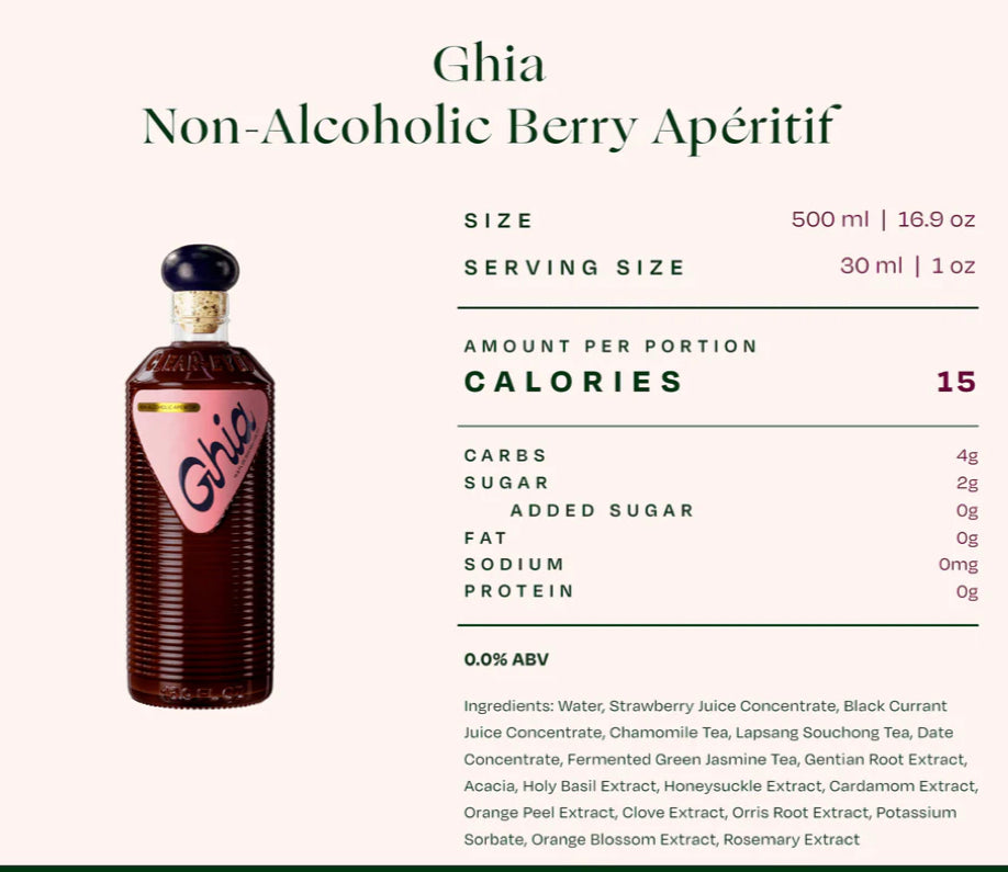 Ghia non-alcoholic berry apéritif bottle with nutritional information on a white background