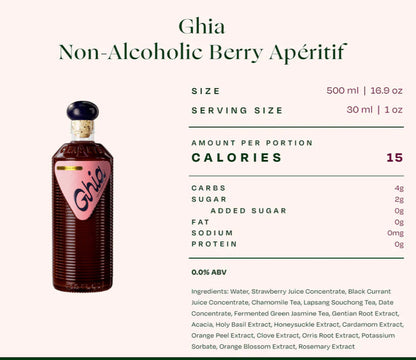 Ghia non-alcoholic berry apéritif bottle with nutritional information on a white background