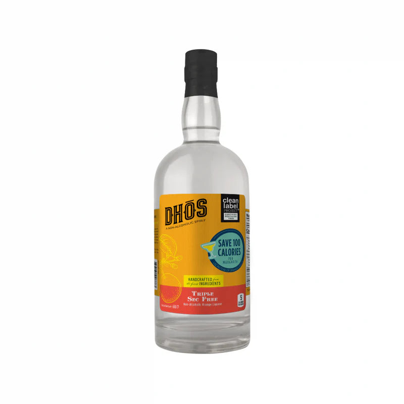 Bottle of DHOS liquor with a yellow label on a white background