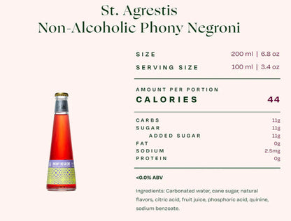 Non-alcoholic Phony Negroni bottle with nutritional information on a white background