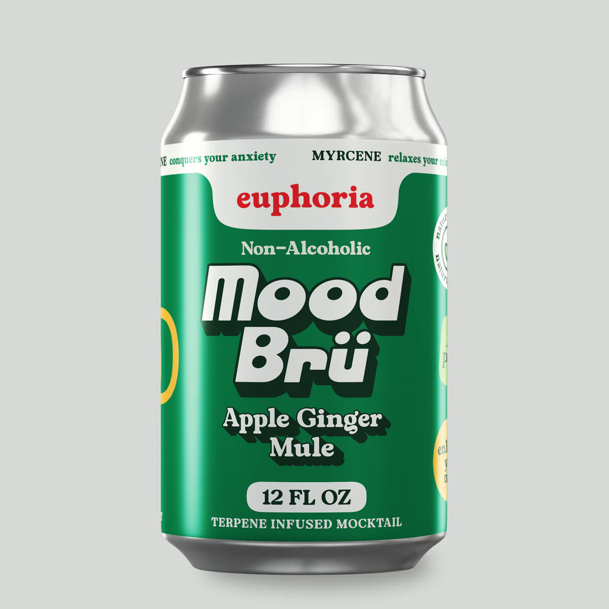 Green can of Euphoria Mood Bru Apple Ginger Mule on a gray background