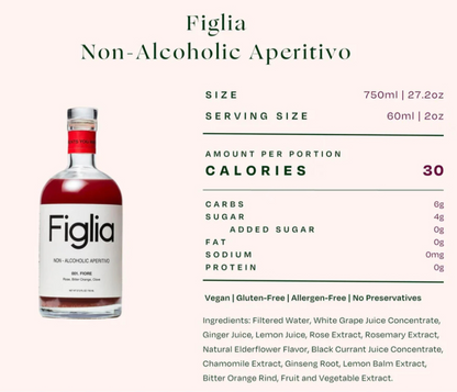 Bottle of Figlia Non-Alcoholic Aperitivo with nutritional information on a white background