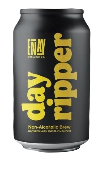 Black can of 'day ripper' non-alcoholic brew with 'ENAY' branding on a white background