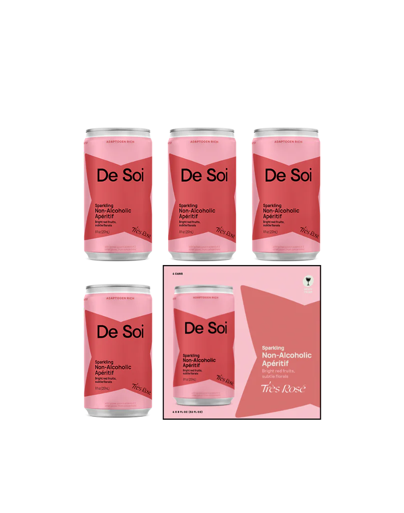 Four cans of De Soi non-alcoholic aperitif with a box on a white background