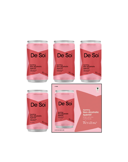 Four cans of De Soi non-alcoholic aperitif with a box on a white background