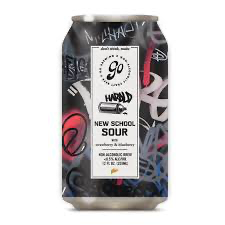 Cans of New School Sour beer with colorful design and label on a white background