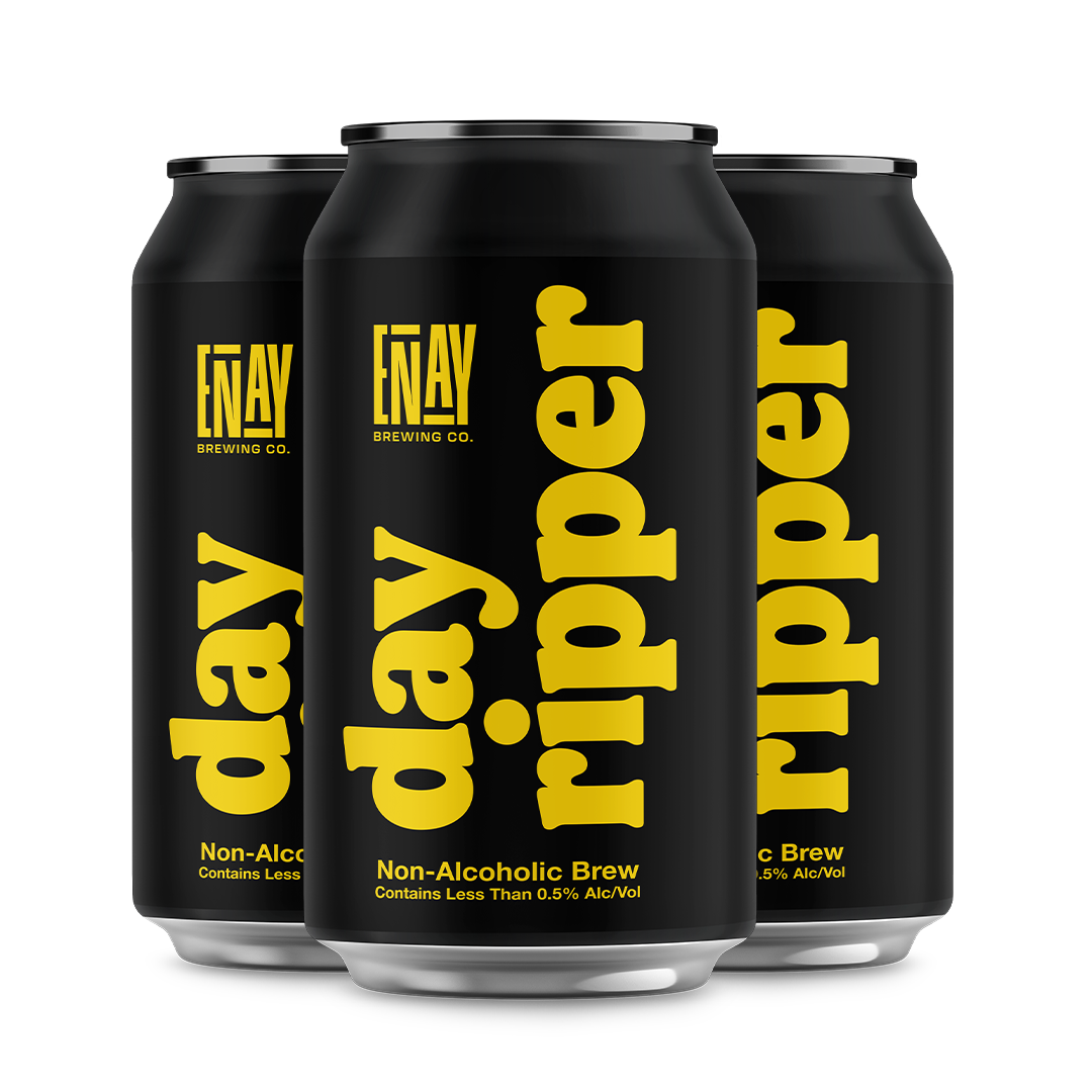 Three black cans of Enay Brewing Co. Day Ripper Non-Alcoholic Brew on a white background