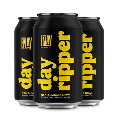 Three black cans of Enay Brewing Co. Day Ripper Non-Alcoholic Brew on a white background