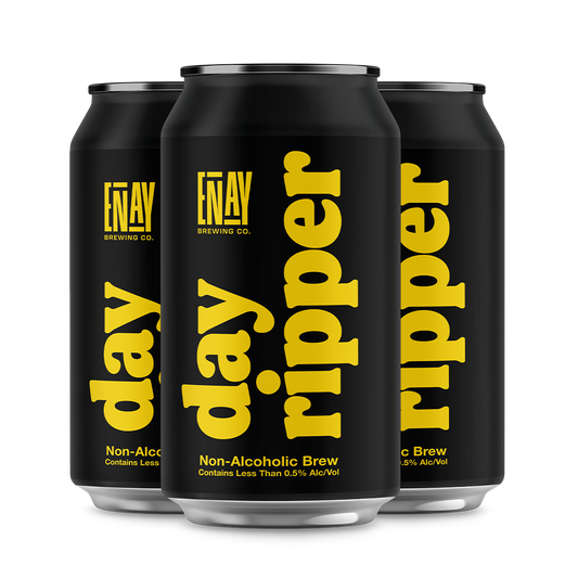 Three black cans of Enay Brewing Co. Day Ripper Non-Alcoholic Brew on a white background