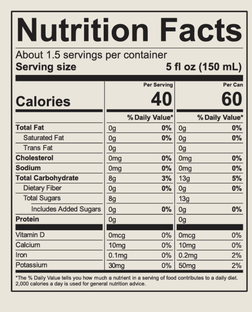 Nutrition facts label for a product with serving size, calories, and nutritional content per serving.