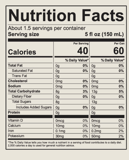 Nutrition facts label for a product with serving size, calories, and nutritional content per serving.
