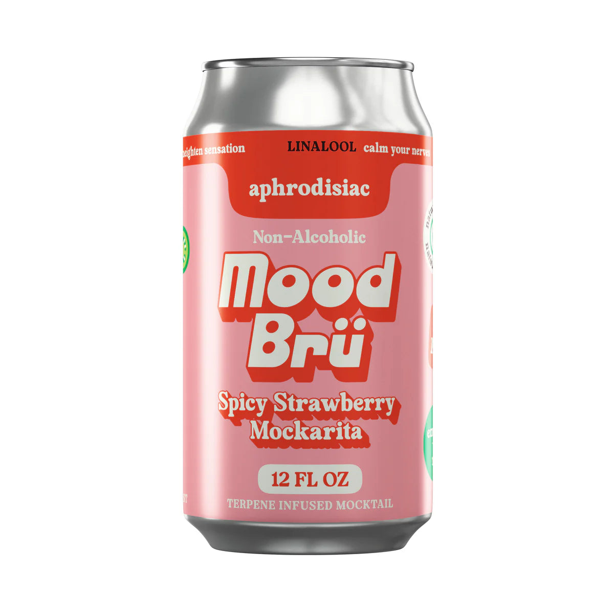 Pink can of Mood Bru Spicy Strawberry Mockarita on a white background
