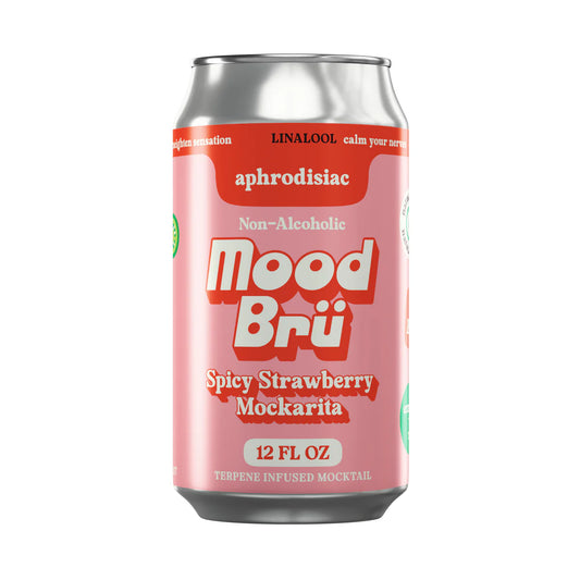 Pink can of Mood Bru Spicy Strawberry Mockarita on a white background