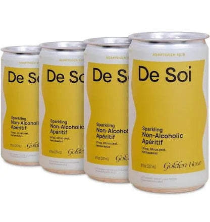 Four cans of 'De Soi' sparkling non-alcoholic aperitif on a white background