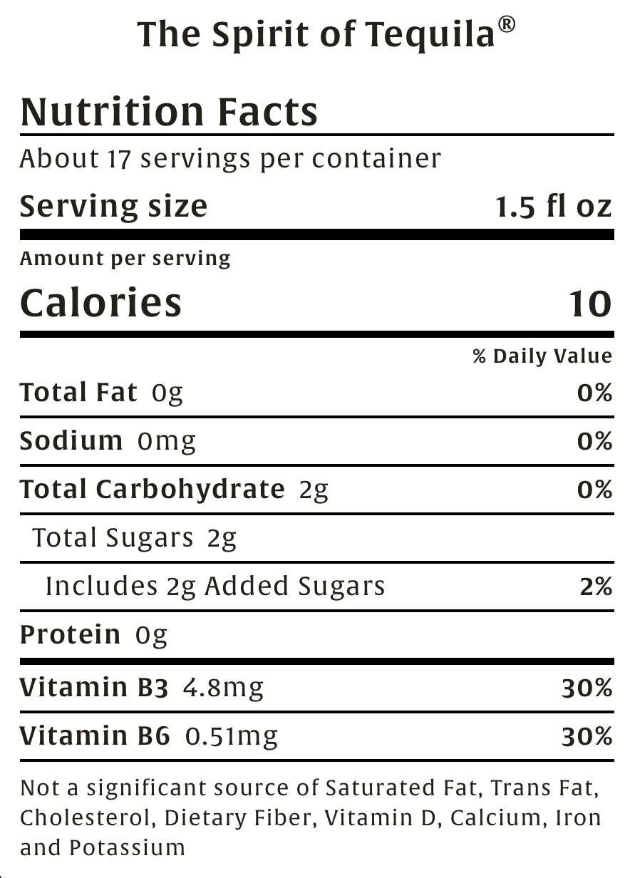 Nutrition facts label for 'The Spirit of Tequila' with serving size, calories, and vitamins.