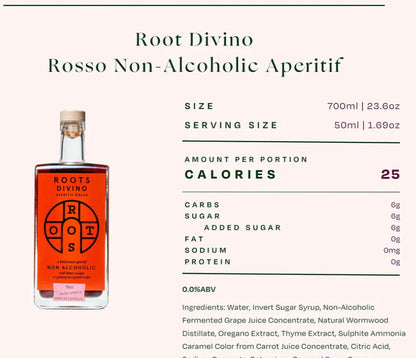 Root Divino Rosso Non-Alcoholic Aperitif bottle with nutritional information on a white background