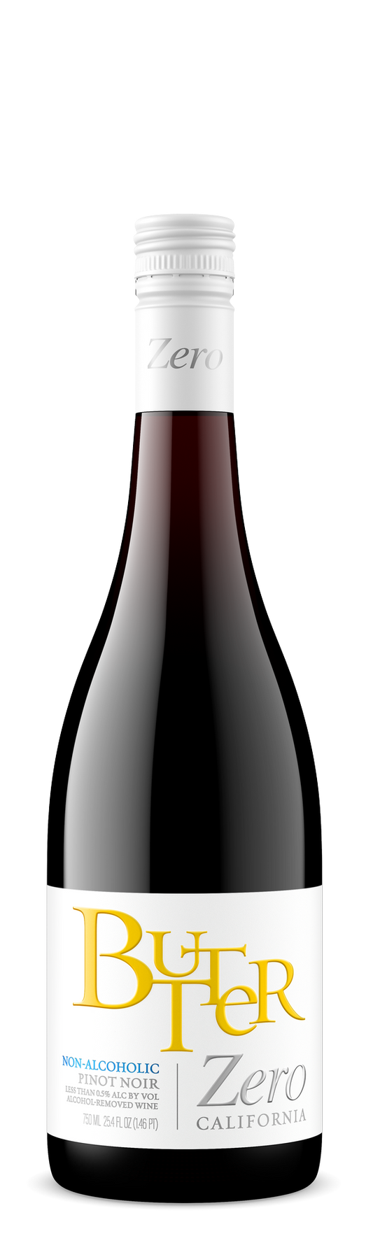 Bottle of Butter Zero non-alcoholic red wine on a white background
