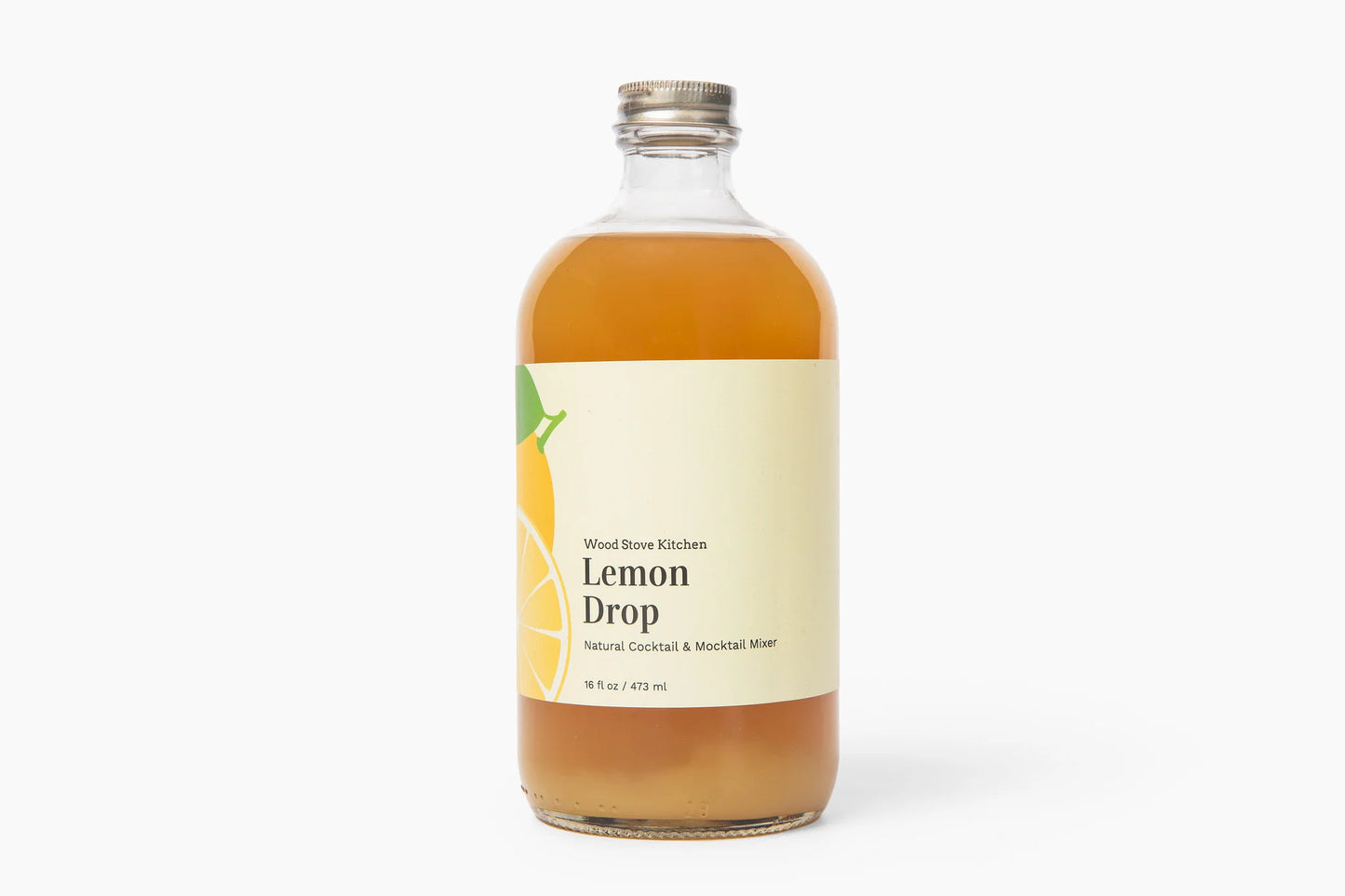 Bottle of Lemon Drop syrup with a label on a white background