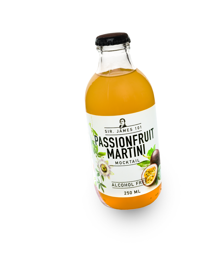 Bottle of Sir James Passionfruit Martini Mocktail on a white background