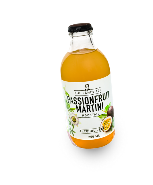Bottle of Sir James Passionfruit Martini Mocktail on a white background