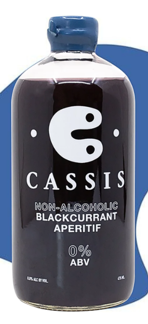 Non-alcoholic blackcurrant aperitif bottle with blue cap on a white background