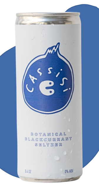 Cans of Cassis Botanical Blackcurrant Seltzer on a blue and white background