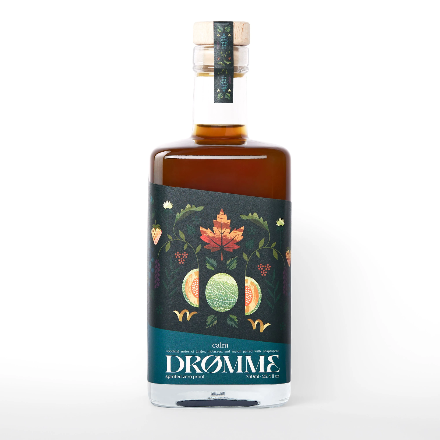 Bottle of Dromme liquor with decorative label on a white background