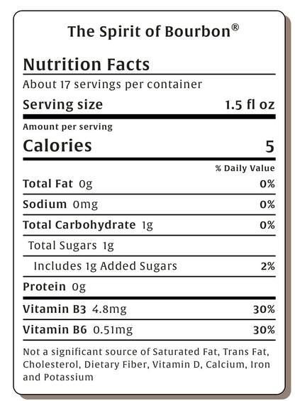 Nutrition facts label for 'The Spirit of Bourbon' with serving size and calorie information.