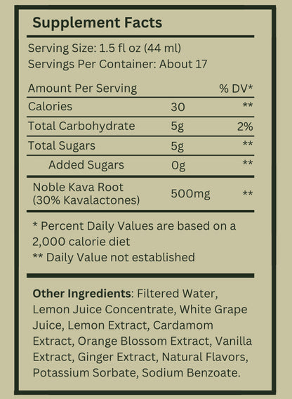 Supplement facts label for a product with Kava Root on a beige background