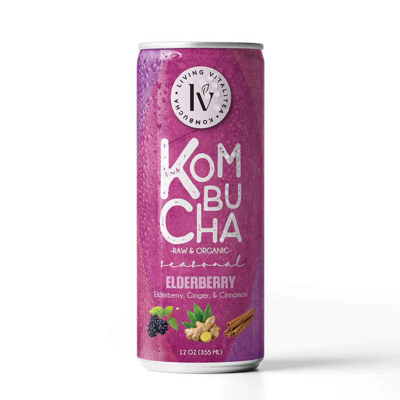 Purple can of Elderberry Kombucha on a white background