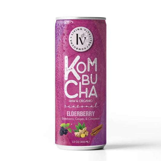 Purple can of Elderberry Kombucha on a white background