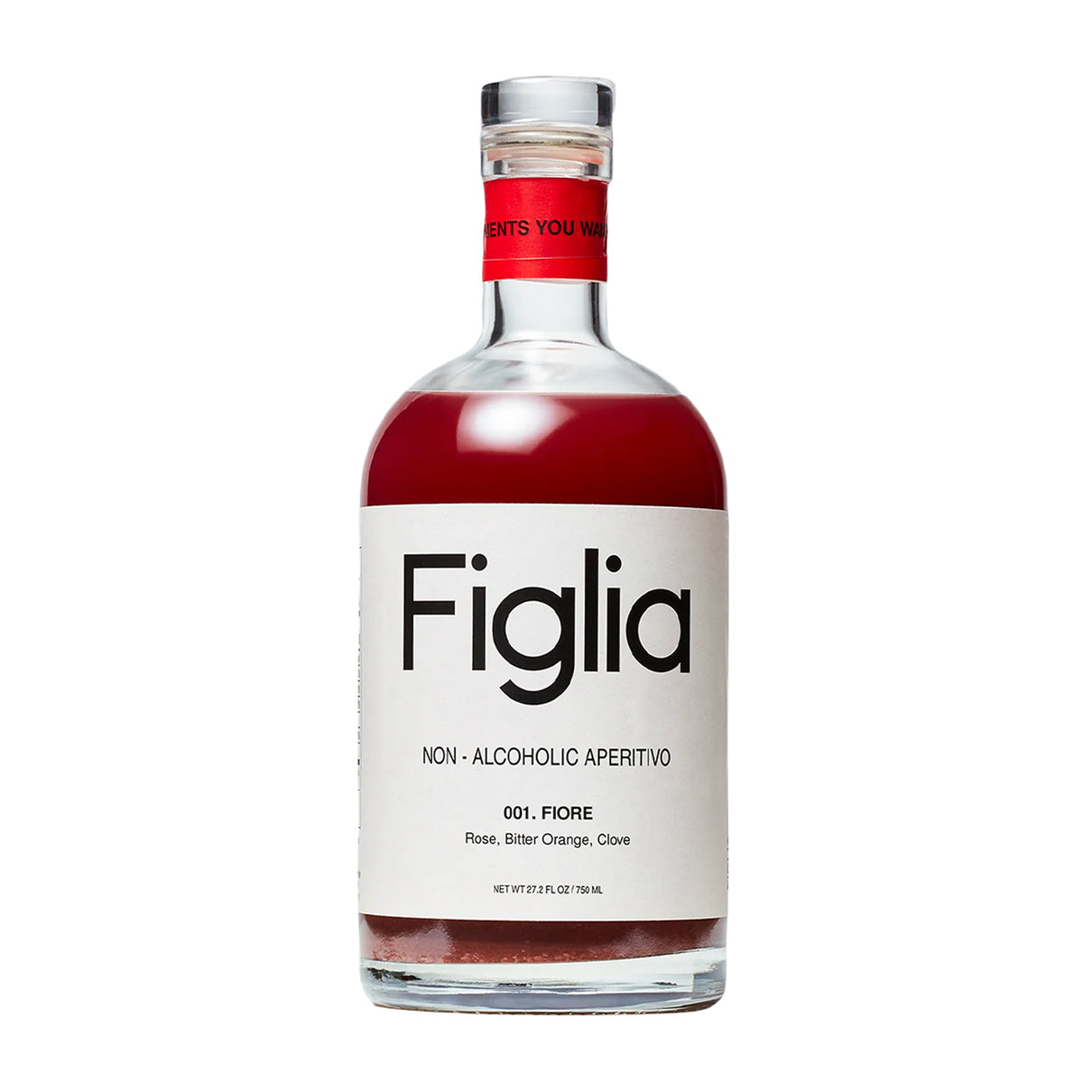 Bottle of Figlia non-alcoholic aperitivo with red liquid on a white background