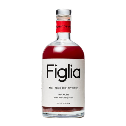 Bottle of Figlia non-alcoholic aperitivo with red liquid on a white background