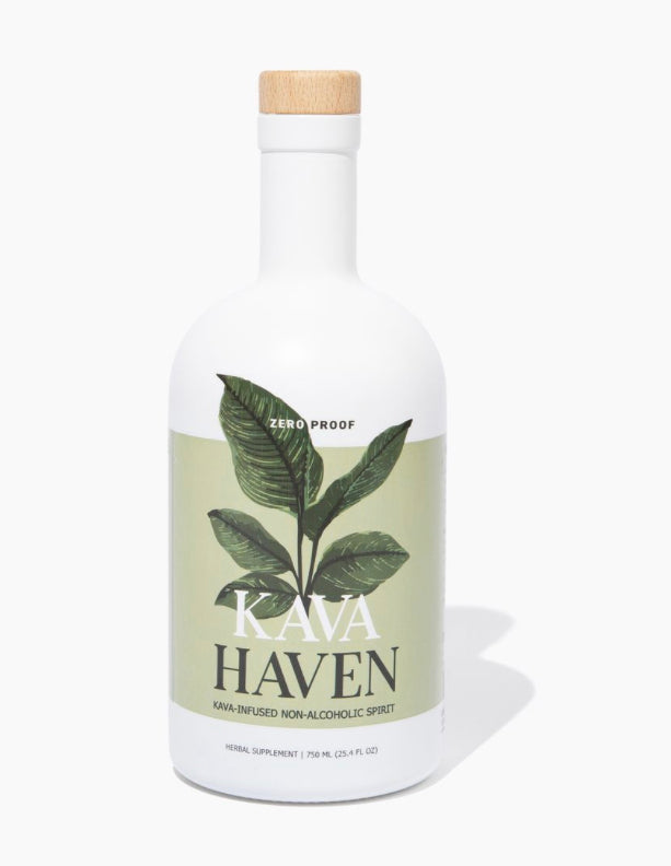 Kava Haven bottle with a white label and green leaf design on a white background