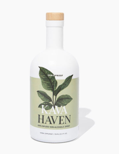 Kava Haven bottle with a white label and green leaf design on a white background