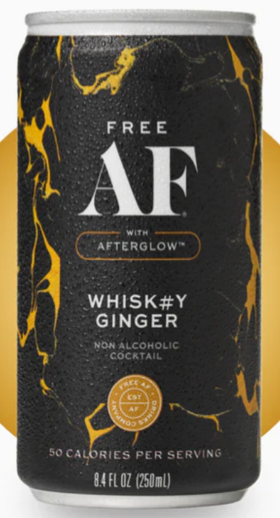 Black can with gold marbling featuring 'Free AF' branding and 'Whisky Ginger' description.