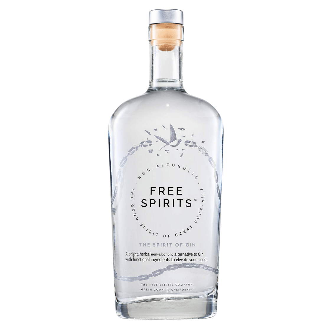 Clear bottle of Free Spirits non-alcoholic gin on a white background