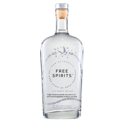 Clear bottle of Free Spirits non-alcoholic gin on a white background